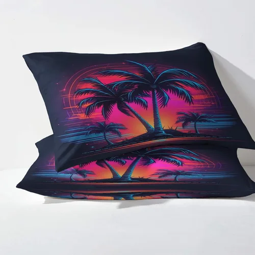 Vista 3 de Juego de sábanas de 3 piezas con diseño de palmera de neón con plantas tropicales, sábanas y fundas de almohada estampadas, sábana bajera ajustable