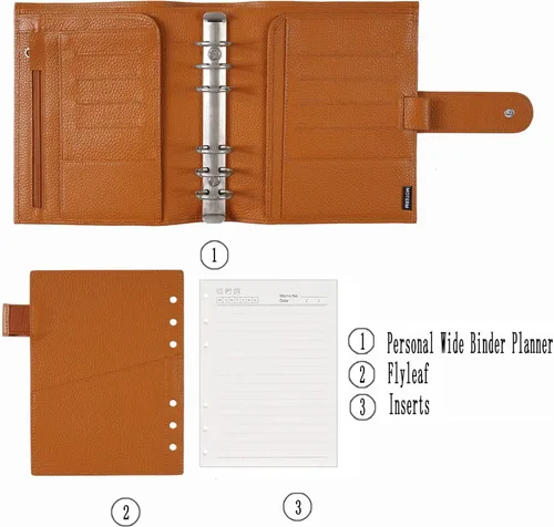 Vista 2 de Moterm Planificador de anillos de lujo para todo el personal – Organizador de carpeta de cuero genuino (naranja quemado, anillo de 1.181 in)