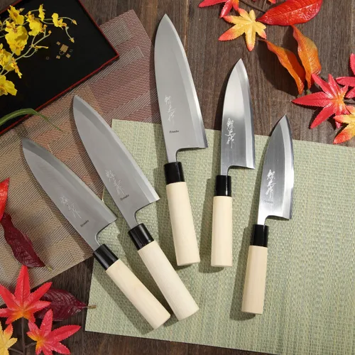 Vista 6 de Filete japonés de sushi mejor cuchillo de chef afilado Kigami (acero amarillo)-No.2 mango de madera de magnolia en forma de D, Deba 7.7 pulgadas