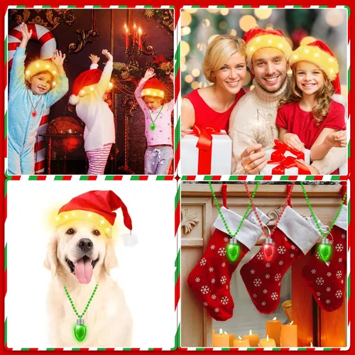 Vista 7 de Suhine 24 piezas de sombreros de Navidad con luz LED, color parpadeante, collares de bombilla de Navidad para adultos y niños, suministros de fiesta