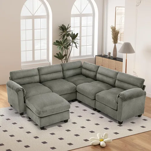 Vista 24 de HAOMARKETS Sofá esquinero modular en forma de L de 115 pulgadas con 2 otomanas móviles, sofás de pana de 8 plazas con cojín grueso para sala de Beige