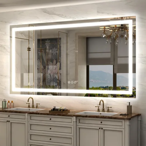 Vista 45 de Espejo de baño LED iluminado de 30 x 30 pulgadas para pared, espejo cuadrado de tocador con luces, regulable, antivaho, a prueba de roturas