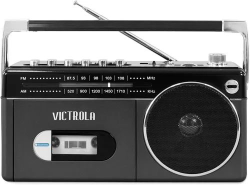 Vista 2 de Victrola Mini Boombox Bluetooth con reproductor de cassette, grabadora y radio Am/FM, gris