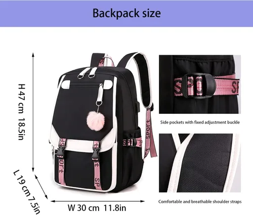 Vista 2 de KUJIAPIN Mochila para niños y niñas, escuela secundaria, estudiantes, mochila para exteriores, Negro Rosa, Mochilas Daypack