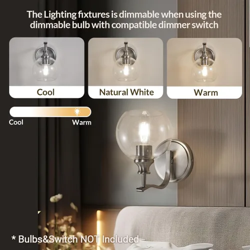 Vista 7 de ANDY STAR Lámparas de baño de níquel cepillado, luces de tocador de 1 luz, apliques modernos de pared de baño con pantalla de vidrio transparente