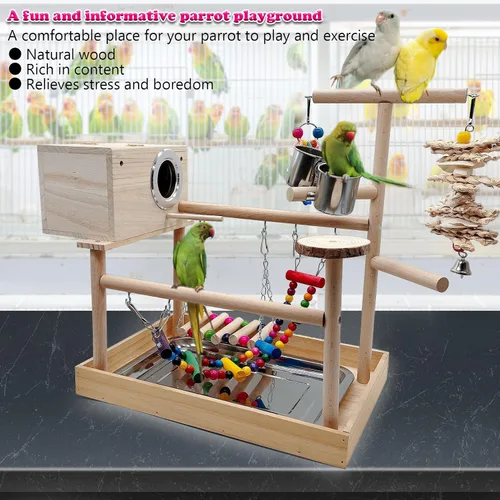 Vista 8 de kathson Parque infantil para pájaros, soporte de juego de loro, gimnasio de juego de periquitos con caja de cría y tazas de comida, soporte de perca