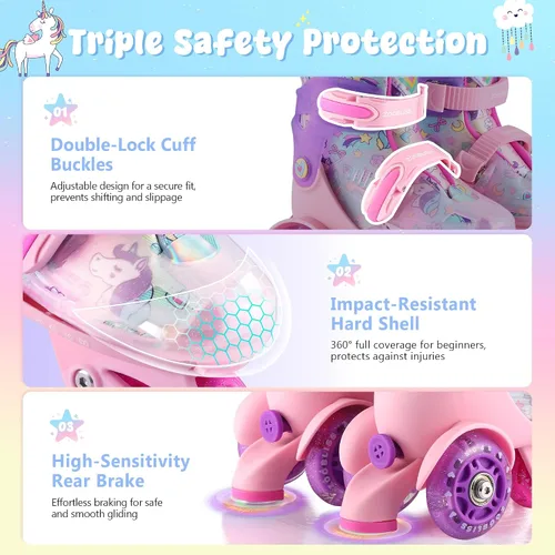 Vista 5 de Patines para niños (unicornio arcoíris, S) + juego de equipo de protección con aspecto de cuero iridiscente con bolsa con cordón (S)