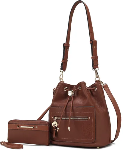 Vista 17 de MKF Collection Bolso bandolera para mujer, bolso de hombro con cordón, bolso de mano de moda con cartera de muñeca