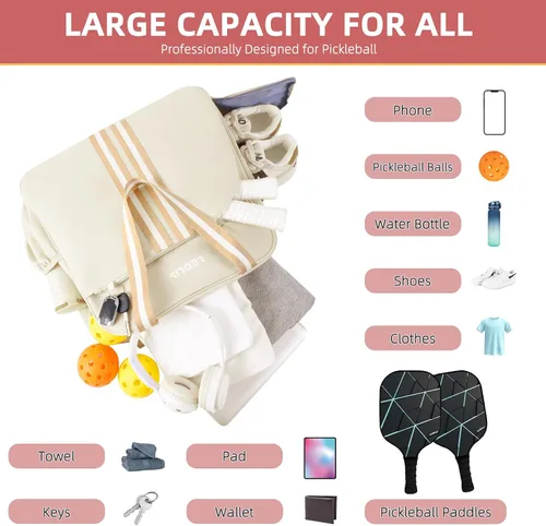 Vista 3 de Bolsa de Pickleball Mochila de Pickleball para Mujeres Bolsa de Equipamiento Deportivo con Compartimento para Zapatos Accesorio de Regalo 30L, Beige