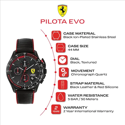 Vista 4 de Ferrari Scuderia Pilota Evo - Reloj cronógrafo de cuarzo para hombre acero inoxidable y correa de cuero color negro modelo 0830849 Negro - Reloj