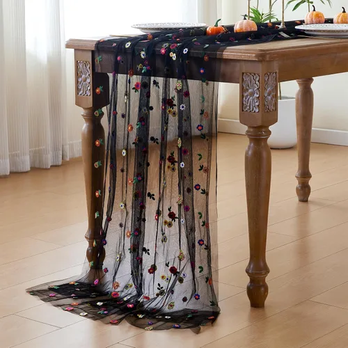 Vista 5 de JIALE Camino de mesa floral negro, decoración de mesa de temporada de margaritas bordadas, 120 pulgadas, 10 pies, tela de tul para decoración