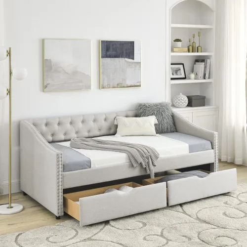 Vista 10 de Sofá cama tapizado de tamaño matrimonial con 2 cajones de almacenamiento, sofá cama con botones y brazos para uñas, color beige Completamente beige