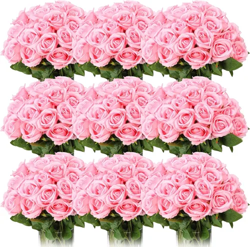 Vista 17 de Jexine 100 piezas de rosas artificiales a granel, ramo de rosas de seda falsas realistas de tallo largo para centros de mesa, jarrones, bodas, Beige