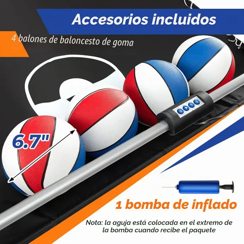 Vista 8 de GYMAX Juego de baloncesto arcade plegable para interiores con 8 modos de juego, sonido de arcade, 4 bolas y bomba de inflado, juegos de baloncesto