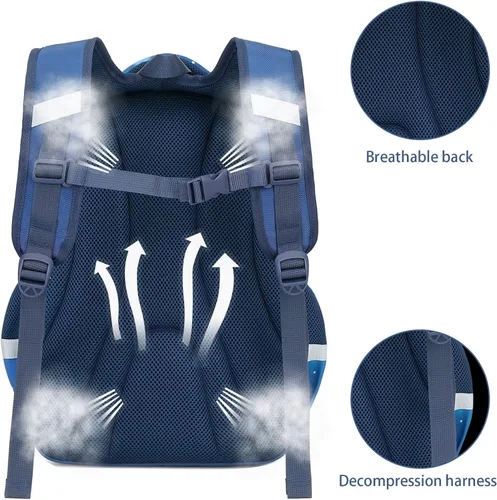 Vista 5 de Mochila para niños, mochila de 16 pulgadas para niños de preescolar primaria de jardín de infantes, bolsillos laterales con correa en el pecho, Azul