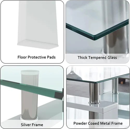 Vista 6 de Mesa de centro con protectores de esquina de seguridad, mesa de centro de vidrio, mesa central de vidrio de 2 niveles con estante de vidrio