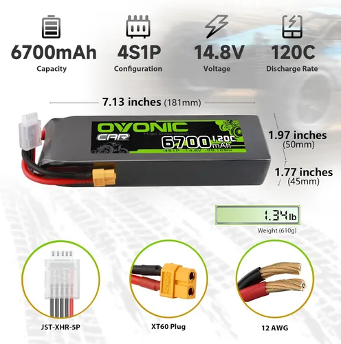 Vista 2 de OVONIC Batería LiPo de 14.8V 4S 6700mAh 120C con TRA Plug para RC Car RC Truck Avión, Helicóptero, Barco, Carreras de Coches RC Hobby (2 paquetes)