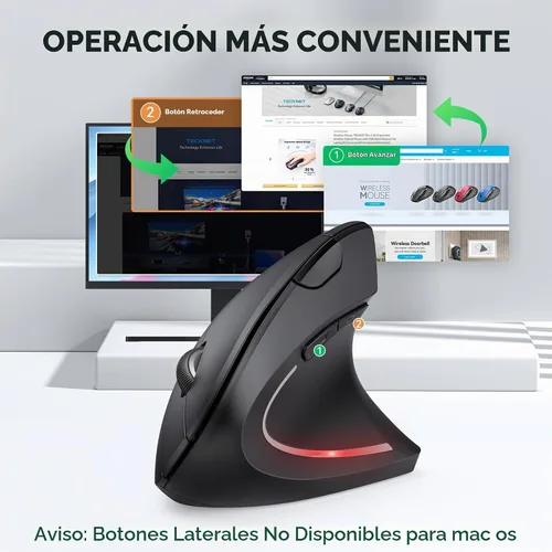 Vista 5 de TECKNET Jiggler Ratón ergonómico, mouse vertical inalámbrico Bluetooth de 4800 DPI con 6 niveles de DPI ajustables, 2.4 GHz (USB A y C), mouse
