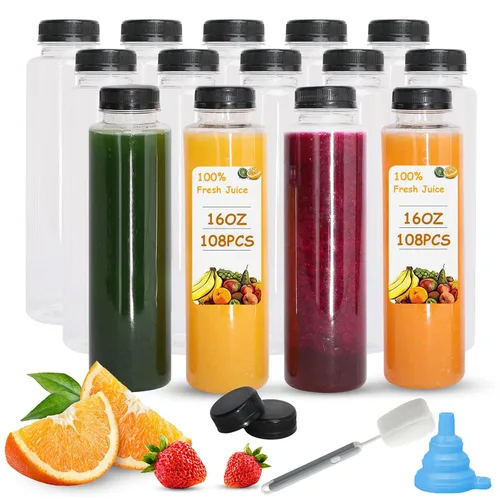 Vista 7 de Holotap 36 botellas de plástico para jugo de 10 onzas con tapas, botellas de plástico desechables transparentes a granel con tapas negras a prueba