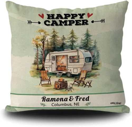 Vista 10 de Personalized Happy Campers Throw Pillow Cover RV Campsite Decoration Pillow Case Fireplace Camping Decor Cushion Cover for Sofa Couch Bed 18x18 Inch