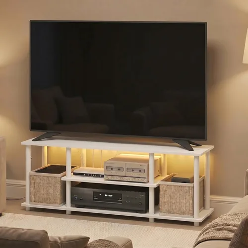 Vista 19 de Furinno Turn-N-Tube - Soporte para televisor de 3 niveles, 3D, sin herramientas, para televisores de hasta 50 pulgadas, con tubos cuadrados