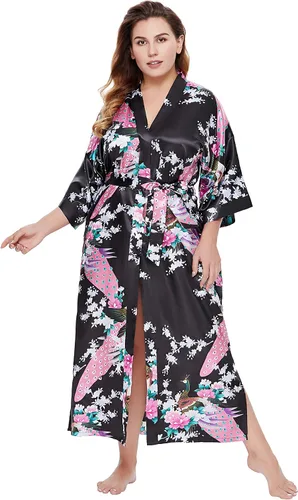 Vista 4 de BABEYOND Bata tipo kimono para mujer, bata larga de satén con estampado de pavo real y flores Negro