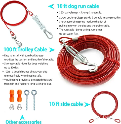 Vista 2 de Sistema de carro aéreo resistente para perros pequeños a grandes, cable de funcionamiento de 100 pies/75 pies con cable de pasillo de 10 pies, ideal