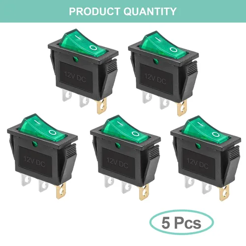 Vista 4 de KCD3 SPST de encendido/apagado de 3 pines, 2 posiciones, interruptor basculante instantáneo DC 12V-24V 30A con LED verde para barco - Paquete de 5