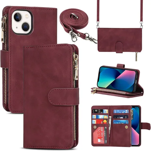 Vista 9 de Funda Cartera para iPhone 13/14 con Tarjetero, Funda Cruzada con Correa para el Hombro, Bolsillo con Cremallera Cartera de Cuero PU para iPhone 13