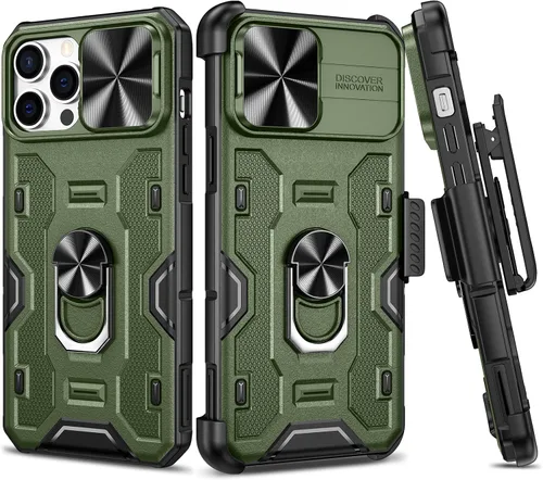 Vista 20 de VEGO Funda para iPhone 13 Pro Max/iPhone 12 Pro Max con soporte, cubierta deslizante para cámara y funda con clip para cinturón, funda protectora