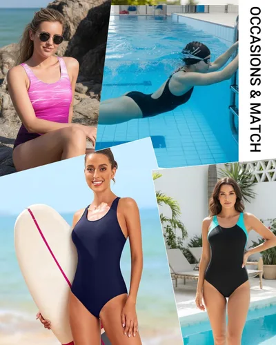 Vista 4 de Tempt Me Traje de baño deportivo de una pieza para mujer, traje de baño deportivo con espalda cruzada, cobertura completa, traje de baño modesto