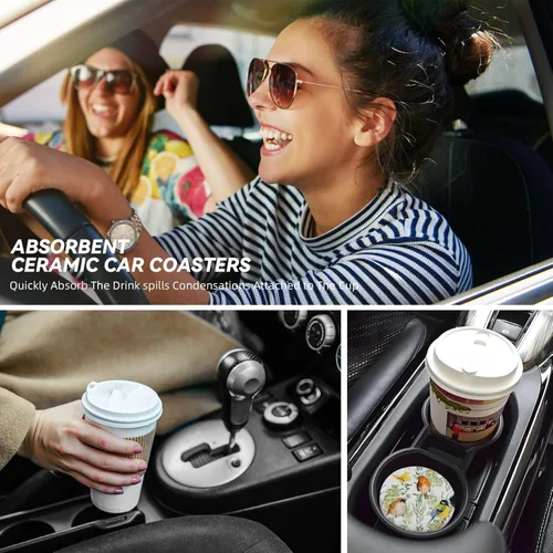 Vista 7 de Portavasos de automóvil con diseño floral de pájaro, paquete de 2 posavasos de cerámica absorbente para portavasos de automóvil, accesorios