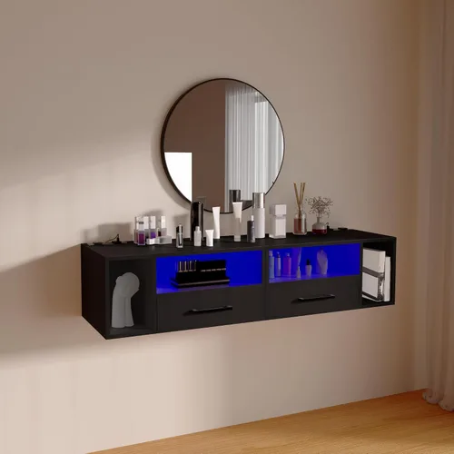 Vista 7 de Homaterial Mesita de noche flotante con estación de carga y luces LED, mesita de noche flotante con cajones, mesitas de noche montadas en la pared