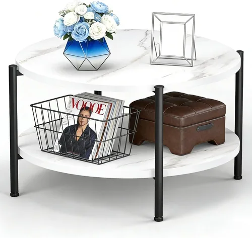 Vista 21 de Mesa de Café FAMIDGE, Mesas de Café de 23.6" para Sala de Estar, Mesa de Café Redonda con Marco de Metal, Mesa de Piso para Sentarse en el Suelo