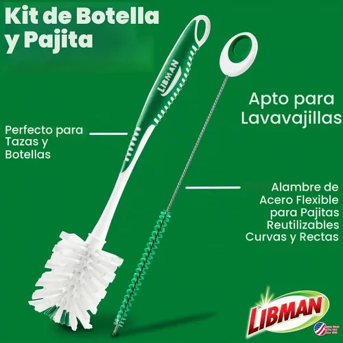 Vista 4 de Libman - Kit de cepillo para botellas y platos, cepillos de limpieza para uso en cocina, cepillo para pajilla, cepillos para fregar platos, cepillo