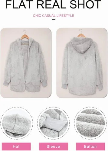 Vista 4 de Dokotoo - Chaqueta de manga larga y de vellón para mujer, cárdigan para el invierno, mullida, color sólido, frente abierto, con capucha