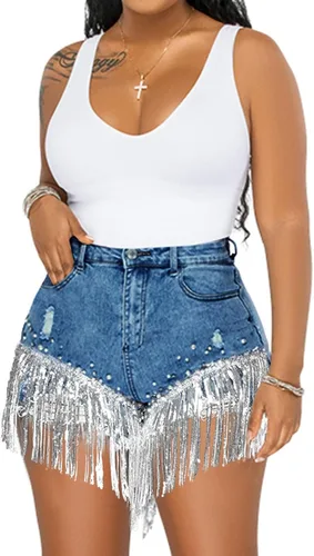 Vista 10 de LifeShe Pantalones cortos de mezclilla para mujer con cuentas de perlas de diamantes de imitación