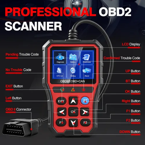 Vista 3 de Herramienta de diagnóstico del escáner OBD2, lector de código de coche con probador de batería, lector de código del motor con reinicio OBDII, fecha