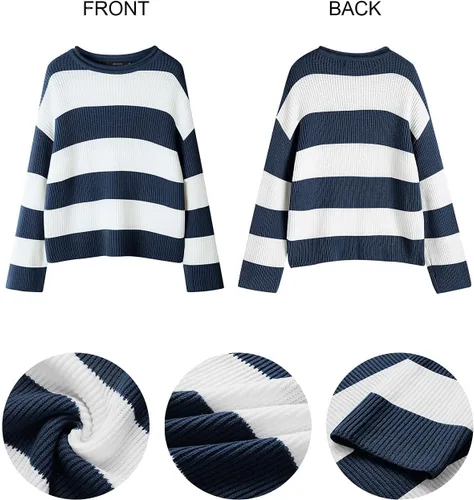 Vista 13 de ZESICA Suéter tejido sin botones de manga larga y cuello redondo, a rayas, bloques de color, cómodo, holgado, talla extragrande para mujer de 2024