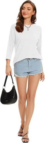 Vista 83 de ZENNILO Camisetas casuales de manga 3/4 para mujer, holgadas, cuello redondo, lindas camisetas básicas