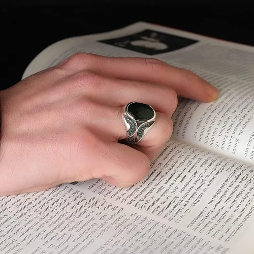 Vista 3 de Anillo de plata de ley 925 para hombre con piedra preciosa esmeralda, anillo de plata grabado hecho a mano, regalo para él, anillo de plata