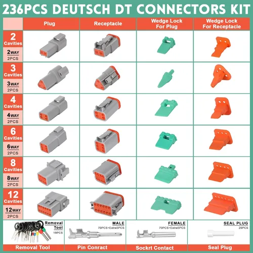 Vista 2 de Juego de conectores DT Deustch de 236 piezas, 12 kits con crimpador de cables, 2, 3, 4, 6, 8, 12 pines, conectores eléctricos automotrices