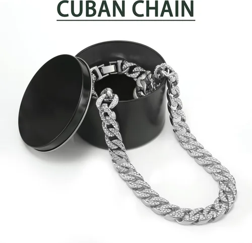 Vista 6 de Miami - Cadena de eslabones cubanos para hombre chapada en oro plateado y brillante, cadena de diamantes para hombres y mujeres, cadena helada