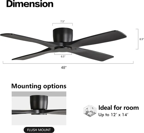 Vista 4 de WINGBO - Ventilador de techo de montaje empotrado de 48 pulgadas, sin luces, con 4 aspas talladas de madera sólida, motor DC reversible de 6