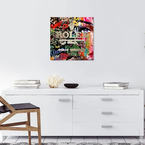 Vista 4 de Wynwood Studio Arte en lienzo envuelto contemporáneo de moda y glamour, reloj coleccionista, letrero de camino de neón, cuadrado de graffiti, arte