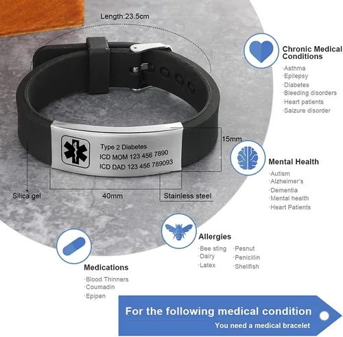 Vista 117 de OPALSTOCK Pulseras médicas personalizadas de silicona ajustable para identificación de emergencias, grabado gratuito, 9 pulgadas, resistente al