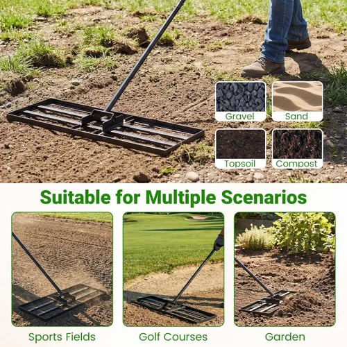 Vista 6 de Goplus Rastrillo nivelador de césped, herramienta de césped de 30 x 10 pulgadas con mango ergonómico para suelo, rastrillo de paisaje que ahorra