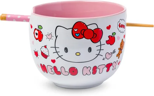 Vista 118 de Silver Buffalo Sanrio Hello Kitty Flowers, cuenco de ramen con palillos Patrón de flores de Hello Kitty