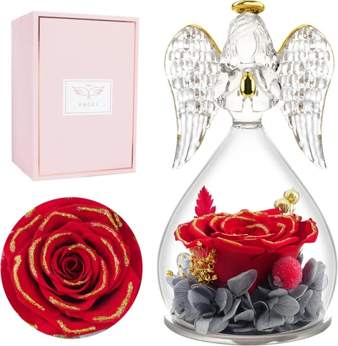 Vista 14 de Miofula Regalos para mamá, regalos de cumpleaños para mujeres, flores preservadas en figuras de ángel de cristal, flores frescas para entrega, Rosa