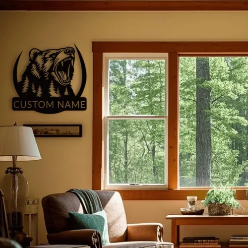Vista 5 de Arte de pared de metal con oso grizzly de bosque, letreros personalizados con nombre de oso rugiente, decoración de pared personalizada de cabaña